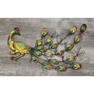 Vtg Metal Peacock Tin Wall Hanging Decor Green Orange Plaque Sign
